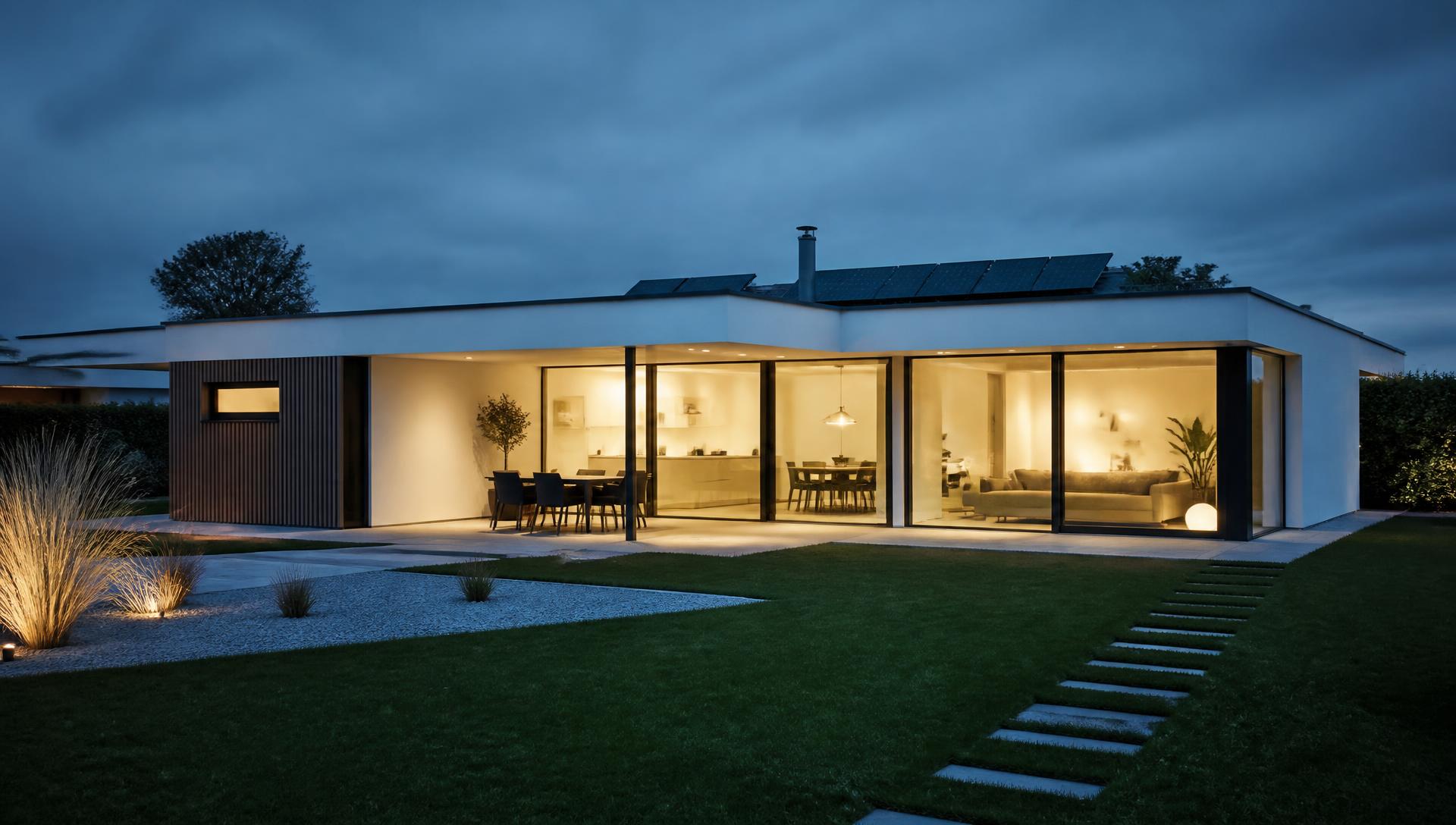 Modernes Wohnhaus mit Photovoltaik auf dem Flachdach in der Abenddämmerung