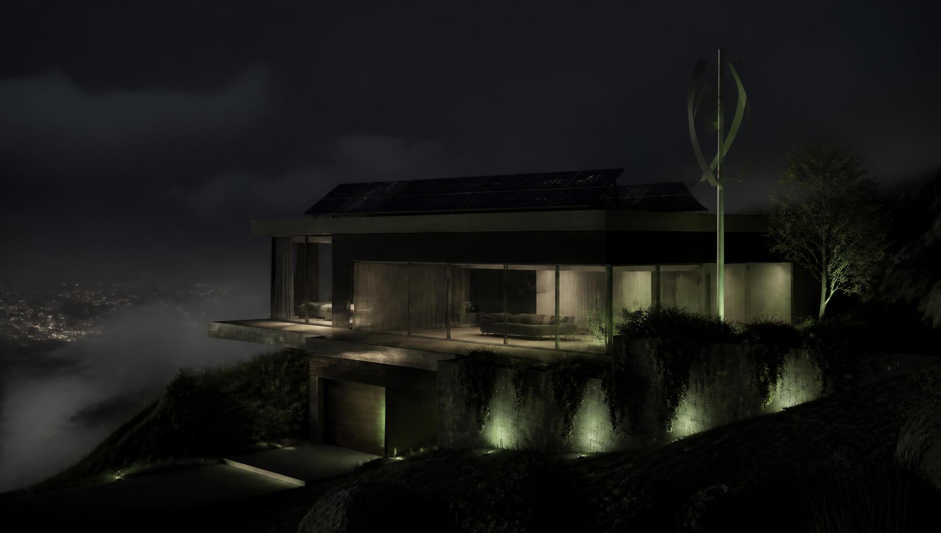 Konzeptdarstellung: Wohnhaus mit Photovoltaik und kleiner Windtechnologie bei Nacht